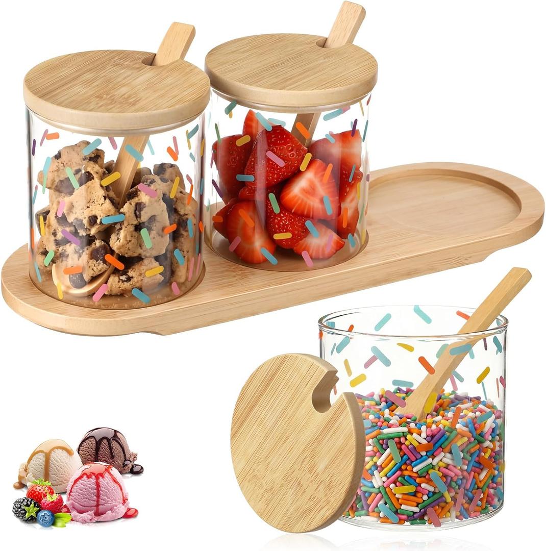 Mimorou Ice Cream Bar Supplies 3 Pcs 10 oz Ice Cream Toppings Container Glass Jars with Lids and Spoons Candy Condiment Bowl with Base for Summer Holiday Sugar Cookies Treat Storage Party Accessories