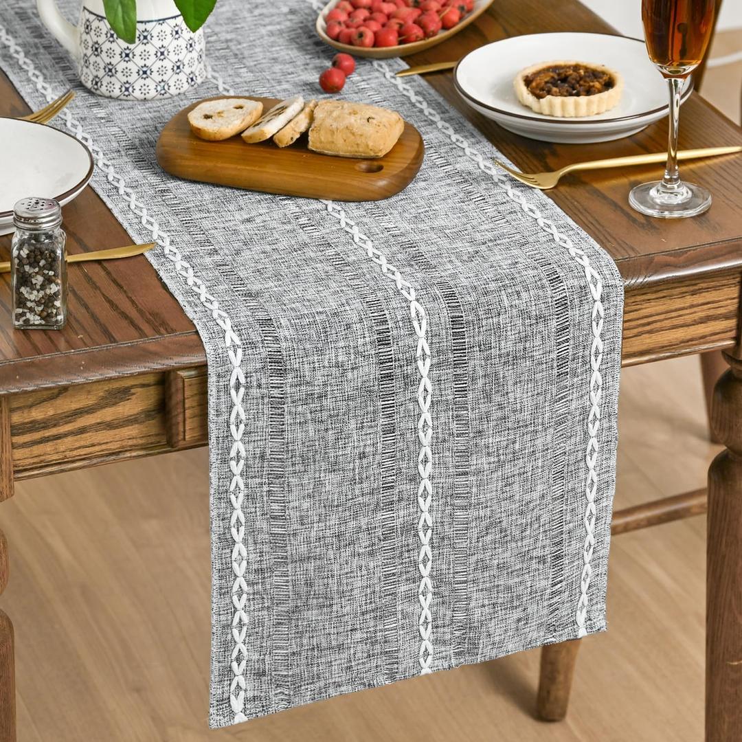 Artoid Mode Dark Grey Rustic Cotton Linen Table Runner, Seasonal Embroidered Hollow Kitchen Dining Table Decoration for Home Party Decor 13x90 Inch