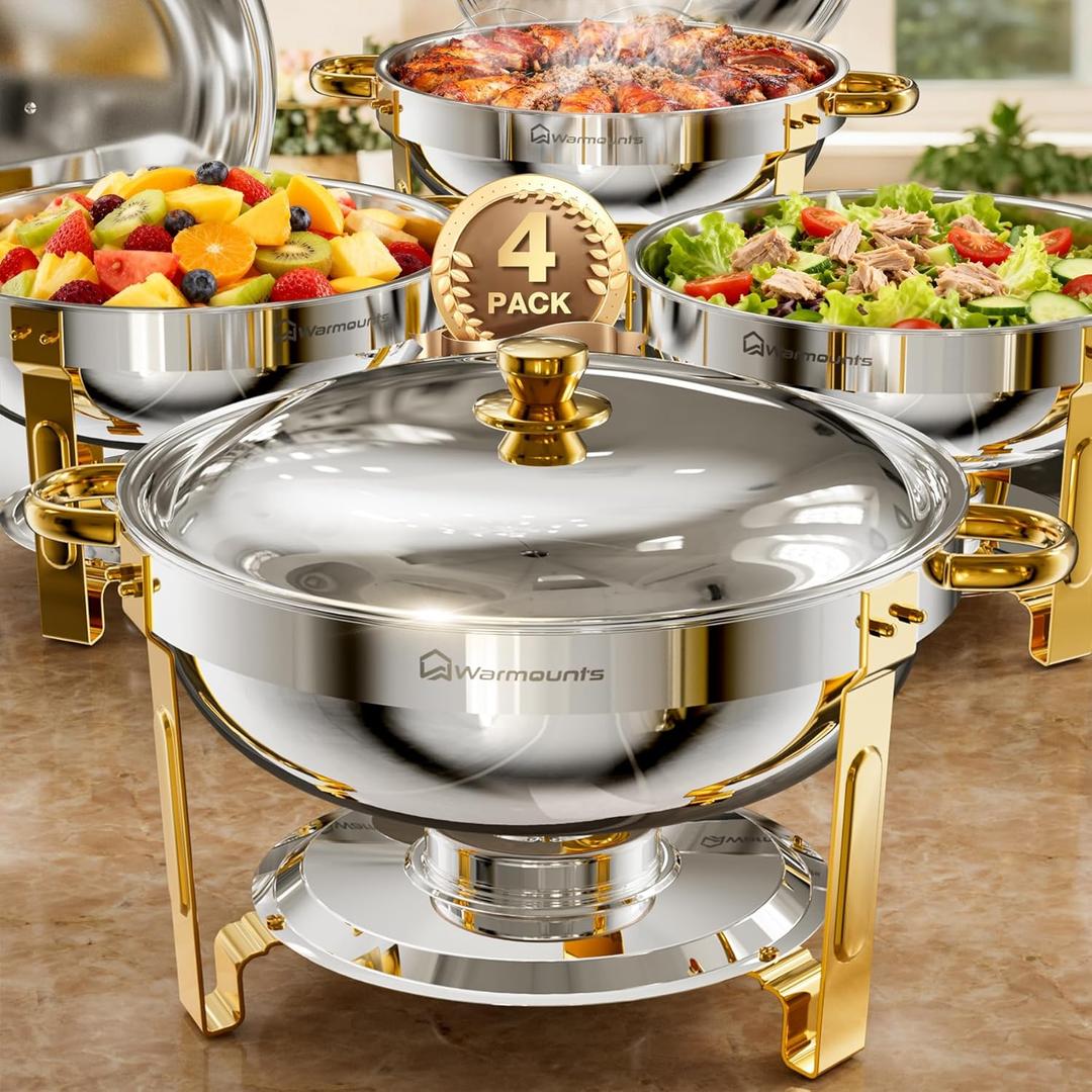 WARMOUNTS Gold Chafing Dishes for Buffet (5QT, 4 Pack), Round Chafing Dish Buffet Set, High Grade Stainless Steel Chafers and Buffet Warmers Sets, Food Warmers for Catering Events, Parties, Weddings
