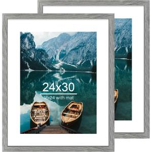 24x30 Frame Set of 2, Rustic Grey Wood Style - Display 18x24 Picture Frame with Mat or 24 x 30 Poster without Mat, Wall Mounting Horizontal and Vertical