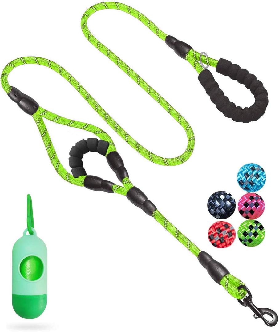 JSXD Heavy Duty Double Handle Dog Leash - 5 FT with Comfortable Padded and Reflective Rope for Small, Medium, Large Dogs (Rope-Green)