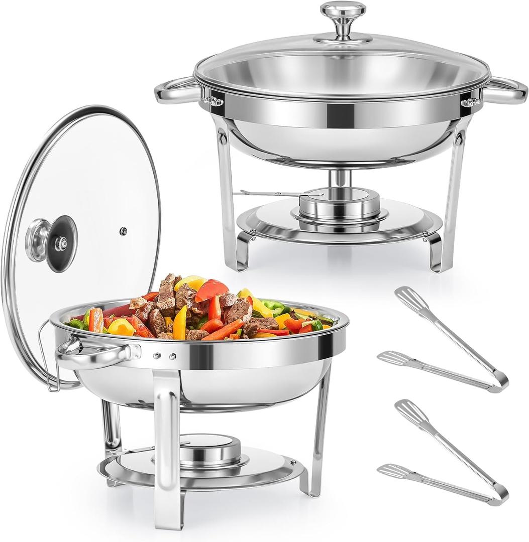 WILPREP Chafing Dish Buffet Set, 2 Pack 5 qt Round Chafers for Catering with Glass Lid & Lid Holder Water Food Pan Fuel Holder, Stainless Steel Food Warmers for Parties Buffets Banquets Dinners