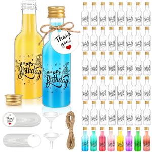 OurWarm 50 Pack Happy Birthday Mini Liquor Bottles, 1.7oz/50ml Empty Plastic Shot Bottles with Gold Screw Caps Funnels Tags & Twines for Juice Wine Alcohol Juicing Ginger Shots Birthday Party Favors