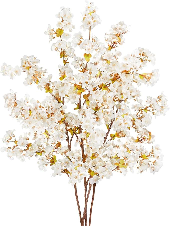 unlemoni 4 Pieces White Cherry Blossom Branches, 39.3" Silk Faux Cherry Blossom Flowers Stems Flower Arrangements for DIY Home Wedding Tall Vase Party Cheery Blossom Tree Decor
