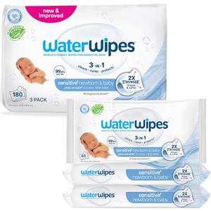 WaterWipes Sensitive+ Newborn & Baby Wipes, 3-In-1 Cleans, Cares, Protects, 99.9% Water, Unscented & Hypoallergenic, 180 Count (3 Packs)