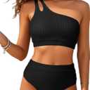 High Waisted Ribbed Bikini Swimsuit - Women Two Piece Bathing Suit One Shoulder Swimwear 2025 (X-Small, Black)