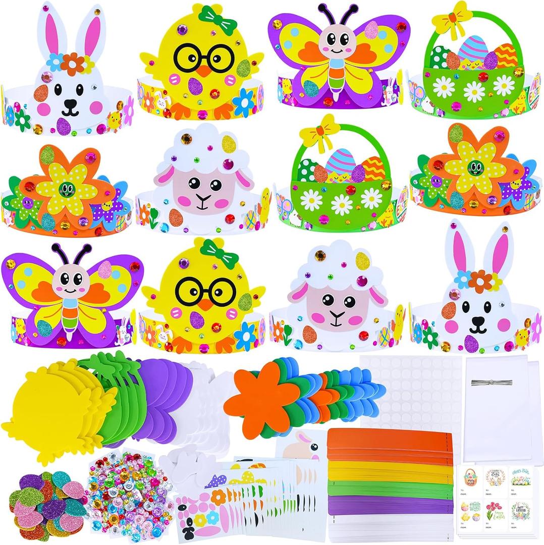 Winlyn 24 Sets Easter Craft Kits Spring Crafts DIY Easter Headbands Craft Kits Bunny Chick Lamb Butterfly Flower Basket Foam Stickers Spring Arts and Crafts for Kids Classroom Activities Party Favors