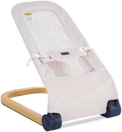Winchild Baby Bouncer,Portable Baby Bouncer Seat & Foldable with 3 Height Adjustments, Ergonomic Bouncer for Babies 0-6 Months, Wood Grain Style, Natural Vibrations, Includes Storage Bag(Mesh Beige)