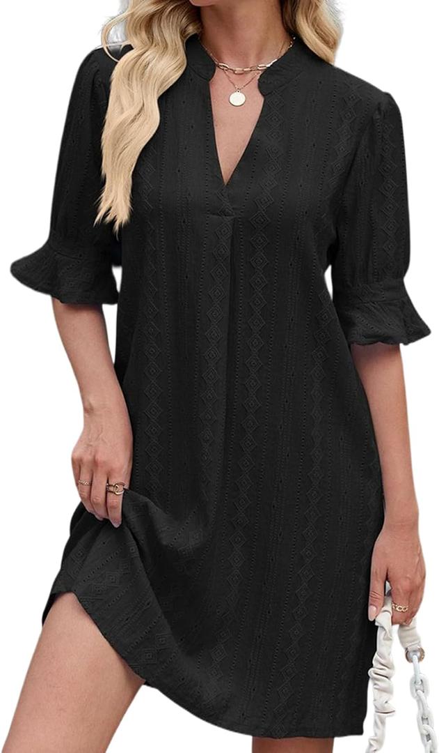 PerZeal Shirts Dress for Women V Neck Short Sleeves Casual Flowy Summer Beach Vacation Shifts (M)