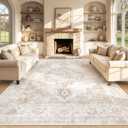 Area Rug 8x10 Vintage Rug: Large Washable Indoor Medallion Rugs Low Pile Distressed Floor Carpet Retro Accent Rug for Living Room Bedroom Kitchen Dining