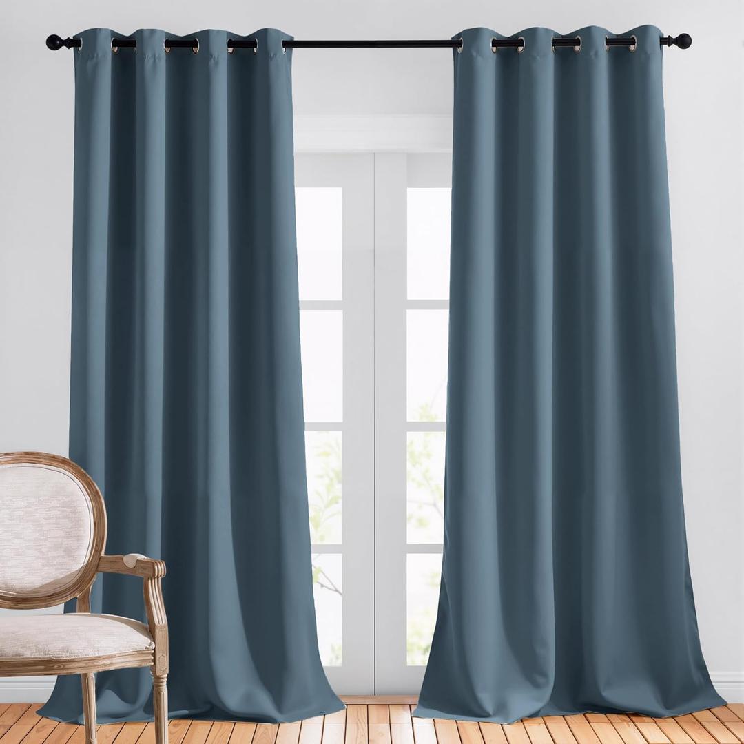NICETOWN Patio Smoky Blue Curtain Shades - Summer Home Decoration Thermal Insulated Grommet Blackout Draperies/Drapes for Kitchen (2 Panels, 52 inches x 95 inches, Smoky Blue)