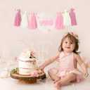 First Birthday High Chair Banner, Pink and White Tassel Garland with Bow Design, Baby Girl Party Decoration