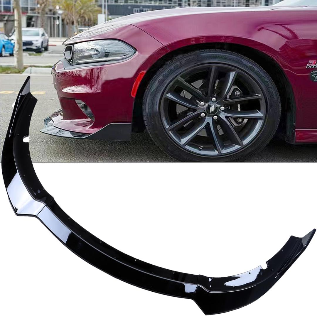 MUCO 3pcs Front Bumper Lip Spoiler Kit Compatible with Dodge Charger 2015 16 17 18 19 20 21 SRT Gloss Black Valance Fascia Cover Guard Protection Conversion