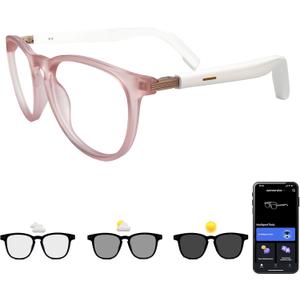 Smart Glasses with Photochromic Lenses for Men and Women AI Translation Smart Glasses with Translator 164 Languages IP67 Waterproof Bluetooth Glass Blue Light Protection (KM02_Pink)