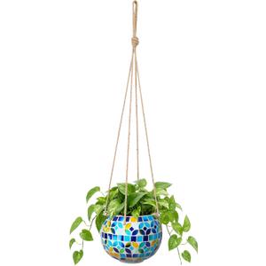 Ceramic Hanging Planter Mosaic Hanging Flower Pot Small Plant Pot for Indoor Plant Garden Decor Disco Ball Planter with Drainage Square Blue