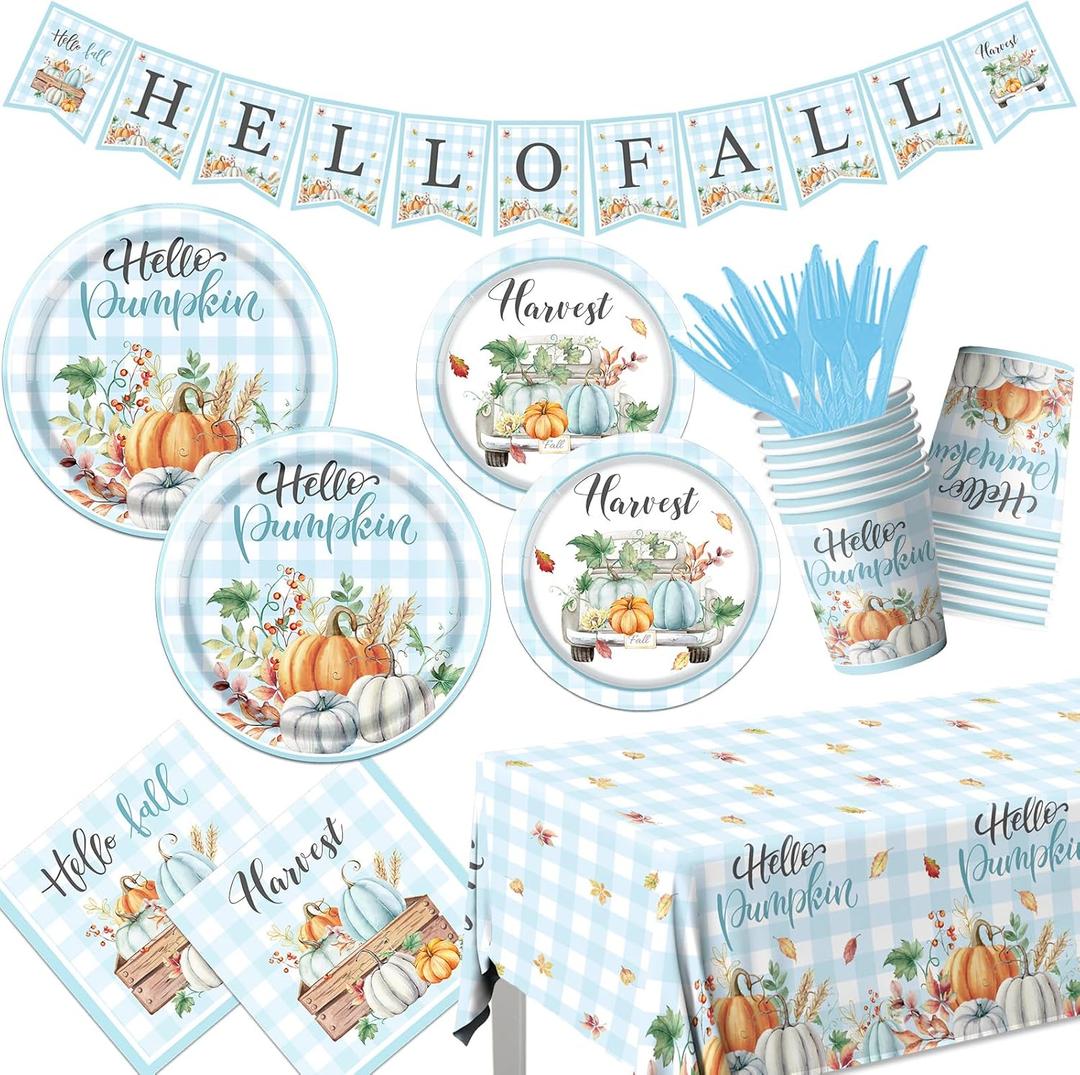 Hello Fall Decorations Tableware, 142 Pcs Blue Plaid Fall Pumpkin Decorations includes Pumpkin Plates and Napkins, Hello Fall Plates and Napkins for Harvest Blue Thanksgiving Decorations