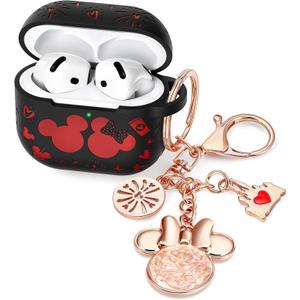 (with Cute Keychain) Girovo Compatible with Apple Airpods 4 Case 2024 Women, Soft Silicone Two-Tone Funny Cartoon Engraved Portable 360 Full Protection Anti-Scratch Air pod 4 Case Black/Red