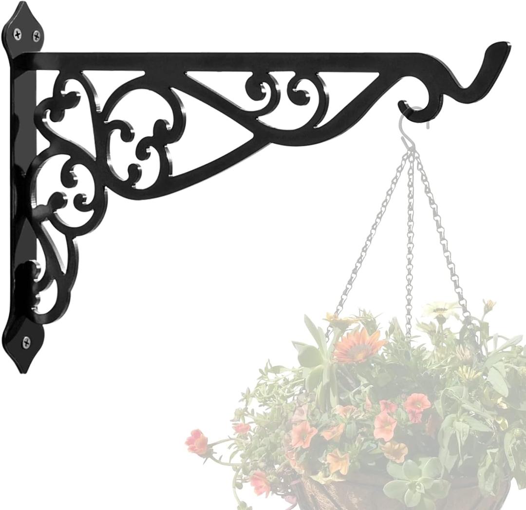 14in Hanging Plant Bracket Outdoor Decorative Iron Plant Lantern Birdfeeder Wall Hanger Hook for Hanging Metal Sign Fruit Basket Windchime, Black