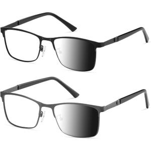 PUBOWT Reading Glasses for Men Women Photochromic Lens Blue Light Blocking Computer Readers Wide Style Metal Frame Eyeglasses 2Pack Black Gun PT2407 +1.50 Strength