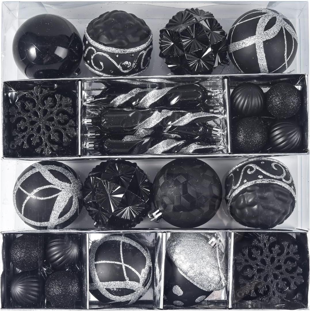 Fuovt 52pcs Black &  Big Christmas Balls - Shatterproof Plastic Decorative Baubles for Xmas Tree Decor Holiday, Wedding, Party Decoration (Black & Silver)