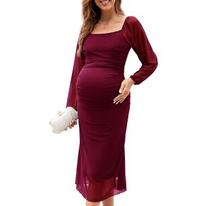 AISWI Mesh Ruched Maternity Dress Baby Shower Wedding Guest Pregnancy Shoot Fall Long Short Sleeves Square Neck (Red, XL)