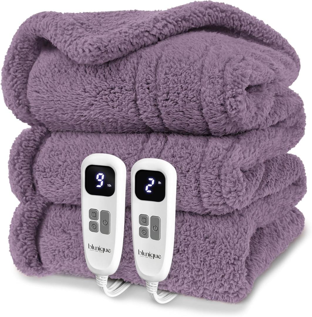 Heated Blanket Electric Blanket Queen - Fast Heating Blanket Throw Dual Control Double Sided Sherpa with 10 Heating Levels & 2-10 Hours Auto Off, Mashine Washable, 84 x 90 Inches, Purple