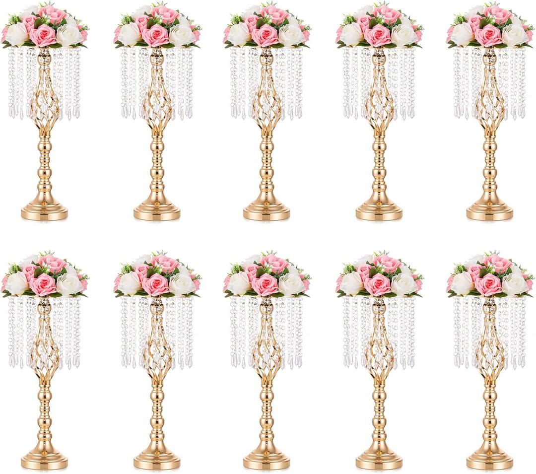 Gold Vases Centerpieces for Wedding: 19.3" Tall Flower Stand with Crystal Patent for Table Center Piece Party Event Set of 10