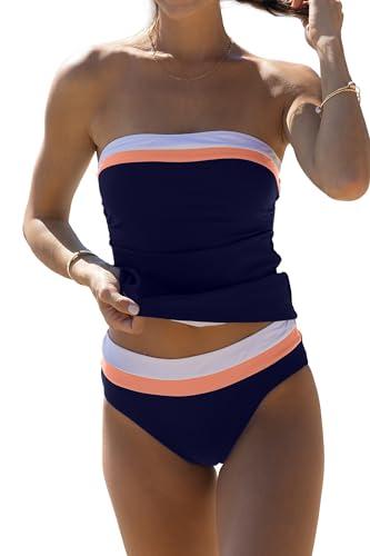 Beachsissi Bandeau Swimsuits for Women Strapless Swimwear Bathing Suits Tummy Control Color Block Tankini Sets, Navy Blue, L