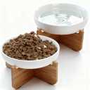 Shallow Elevated Cat Bowls with Bamboo Stand, 6.1 Inch Wide Ceramic Cat Dish Whisker Friendly, 2 Pack Pet Food and Water Plates