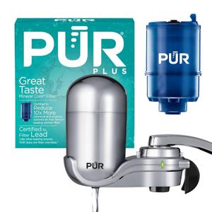 PUR PLUS Vertical Faucet Mount Water Filtration System, Lead-Reducing Filter, Great-Tasting Water, Easy Install, Lasts 100 Gallons, Compatible with Sinks with External Aerators, Chrome
