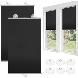 Moukeren 2 Pcs Black Blackout Roller Shades with 6 Suction Cups, 49" x 26.8" No Drilling Retractable Portable Window Blinds, Removable Temporary Blackout Shades for Home Office Bedroom Balcony