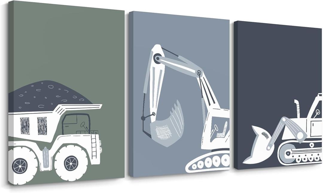 Construction Truck Wall Art Decor Toddler Boys Room Canvas Wall Art Tractor Vehicle Posters Dump Truck Wall Art Kids Bulldozer Pictures Nursery Prints for Boys Bedroom 12x16x3 Inch Wrapped Canvas