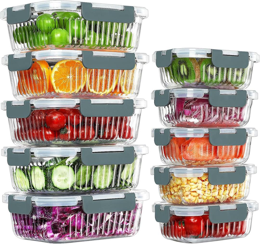 10 Packs Glass Meal Prep Containers with Lids, Glass Food Storage Containers Set, Airtight Lunch Containers, Microwave, Oven, Freezer and Dishwasher Safe, Gray