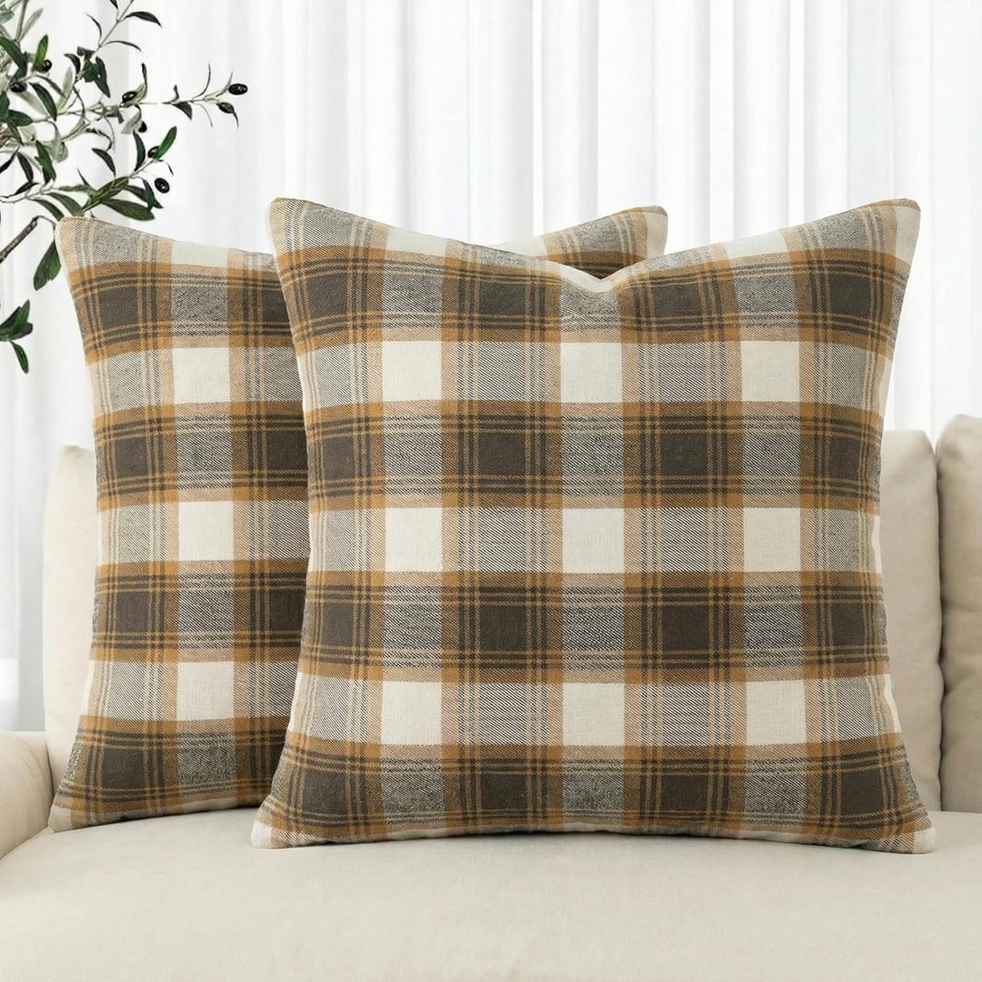 AVOIN colorlife Spring Summer Brown White Plaid Decorative Throw Pillow Covers, 18 x 18 Inch Holiday Scottish Tartan Cushion Case Farmhouse Decoration for Sofa Couch Set of 2