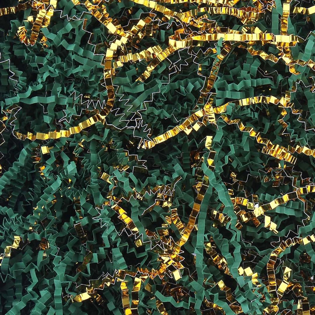 Crinkle Cut Paper Shred Filler 8 oz (1/2 lb) Gift Wrapping & Gift Basket Filler for Christmas, Halloween & Wedding Decorations,Easter Basket Grass Filler ,Crafting Activities (Dark Green and Gold)