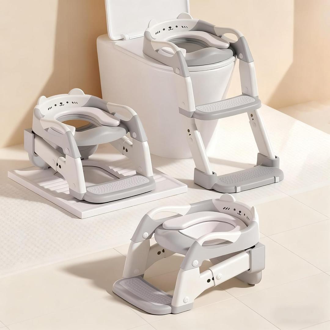 Potty Training Seat, Upgrade Toddler Toilet Seat for Kids Boys Girls, 3 in 1 Potty Training Toilet with Step Stool Ladder-Non Slip Foldable (Gray+White)