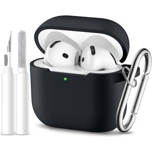 for Airpods 4th Generation Case Cover(2024),Soft Silicone Full Protective Case for AirPods 4 Case with Keychain & Cleaner Kit,Compatible with Apple Airpods 4 for Women,MenBlack