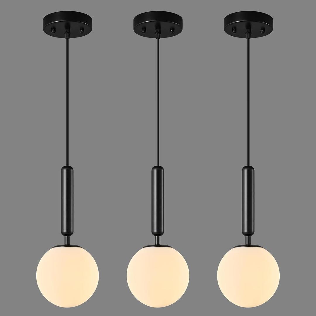 Modern Hanging Light Fixture Pendant Lighting for Kitchen Island Mid Century Black Pendant Lights with Globe Milky White Glass Pendant Light for Bedroom Bathroom Entryway (3 Pack)