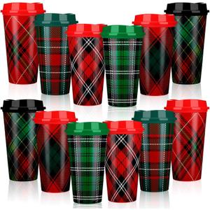 Sliner 12 Pcs 16 oz Christmas Buffalo Plaid Coffee Cups Mugs Tartan Plaid with Lids Plastic Xmas Cup 6 Designs of Red and Green Plastic Coffee Cups Xmas Holiday Supplies