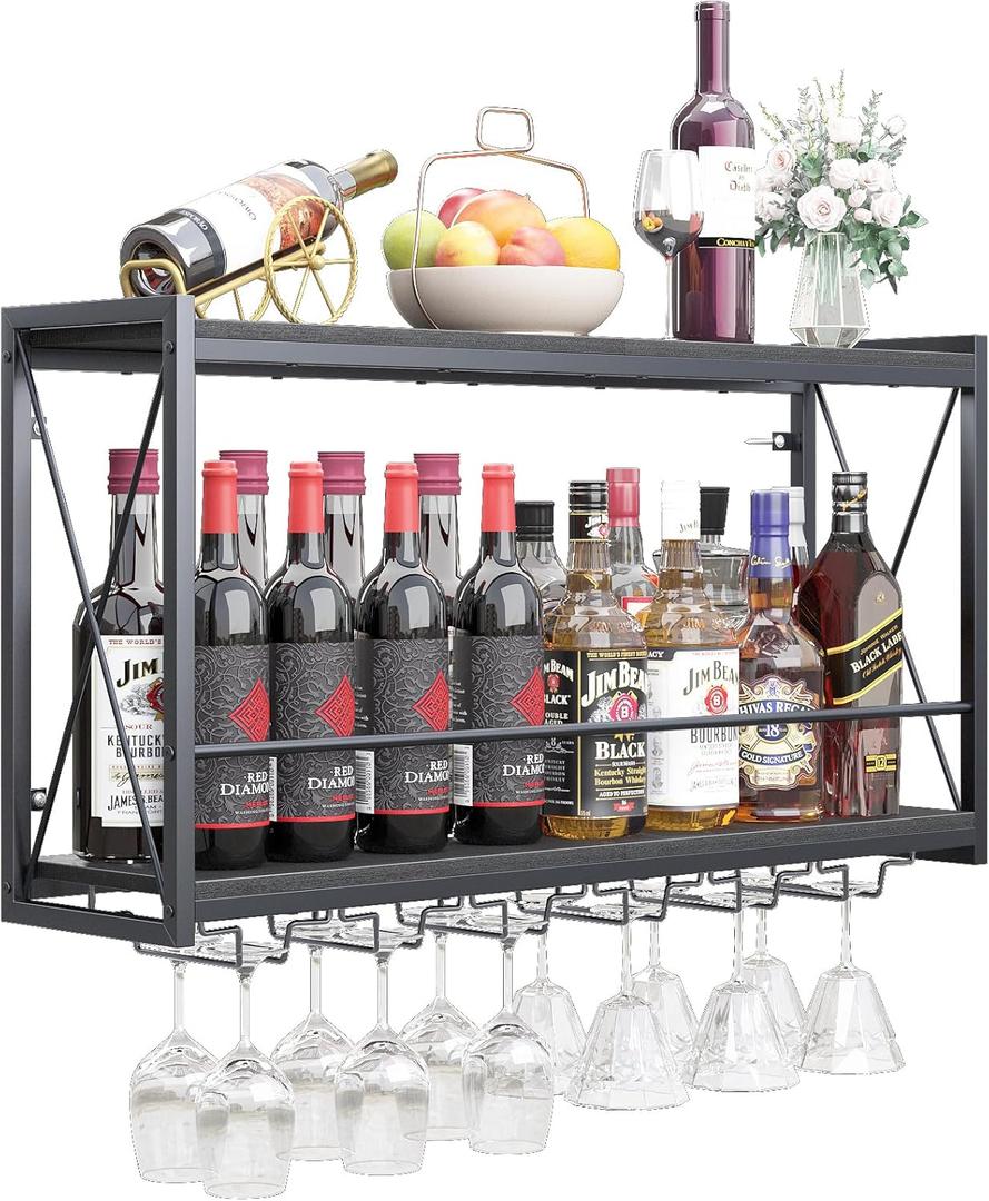 Dokser Wine Rack Wall Mounted Shelf - 2 Tier, Rustic Wood & Industrial Iron Frame Wine Bottle Holder for Kitchen, Dining Room, Home Bar Decor (Black) (Long)