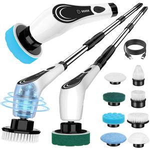 Electric Spin Scrubber, Cordless Power Scrubber with 8 Replaceable Brush Heads, 2-Speed Adjustable Handle, IPX7 Waterproof Shower Scrubber for Bathroom, Tile, Tub, Teens, White-qe1