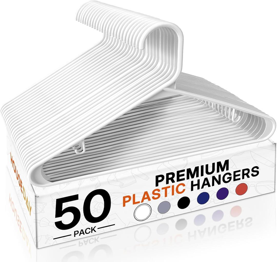 HOUSE DAY White Plastic Hangers 50 Pack, Plastic Clothes Hangers with Built-in Hooks, Durable and Strong Plastic Coat Hangers for Closet, Space Saving Clothing Hanger for Shirts, Coats, Skirt, Dress