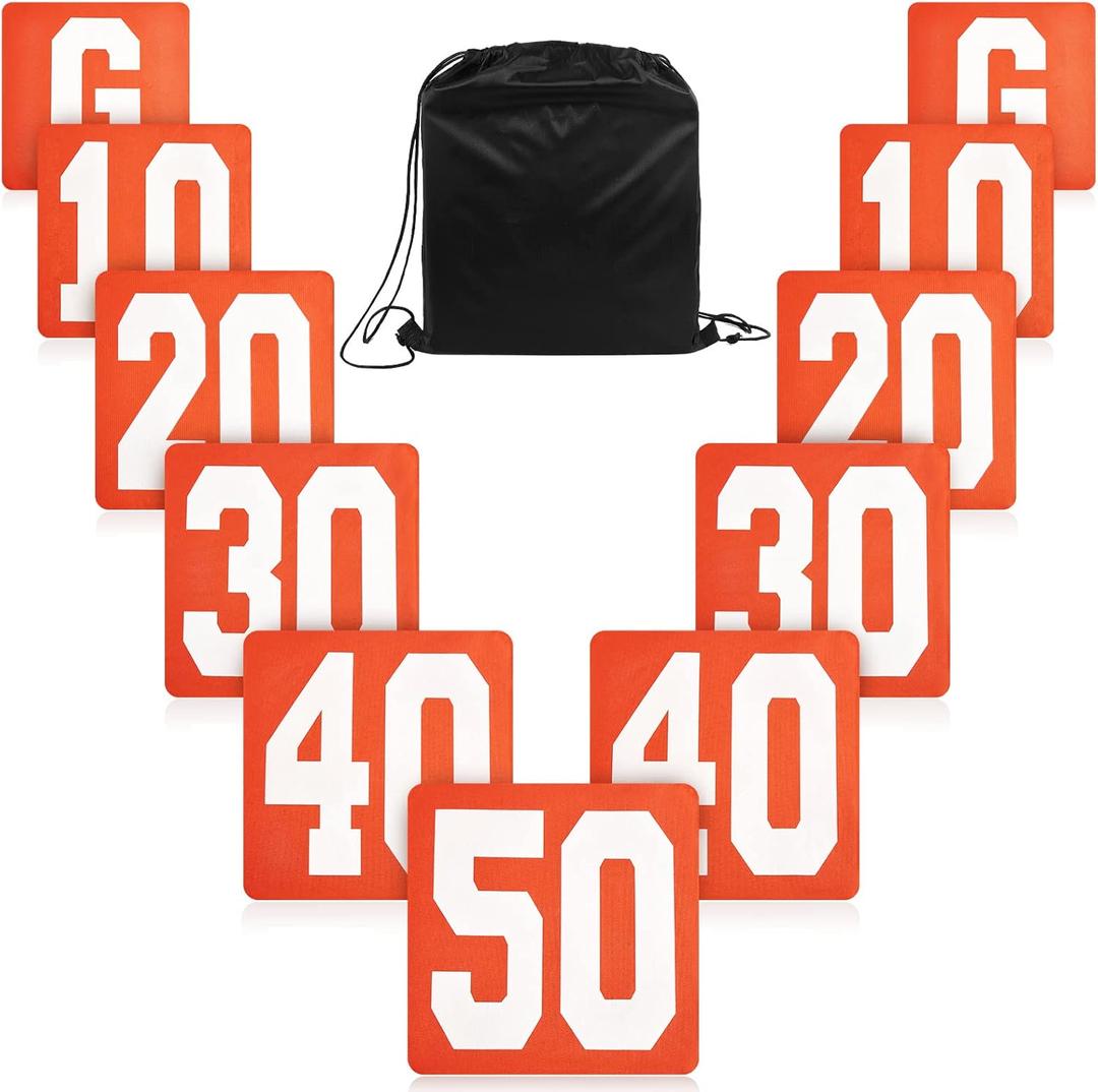 Jecery Set of 11 Football Yard Markers High Visibility Football Field Yard Line Markers Yardage Field Line Marking 12 Inch with Carrying Bag for Sporting Training (Orange White)