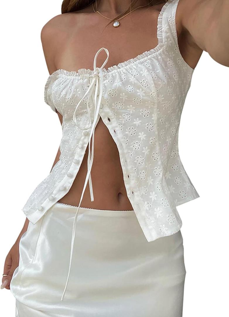 Women Tie Front Tank Top Y2k Sleeveless Button up Shirt Eyelet Floral Embroidery Cami Vest Crop Top (Small)