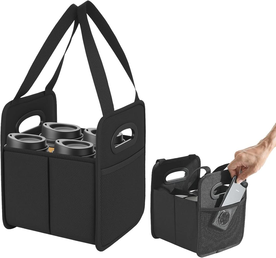 Foyego 4 Cup Drink Carrier with Handle, Reusable Cup Carriers for Drinks, Portable Foldable Insulated Coffee Cup Drink Holder for Delivery and Caddy