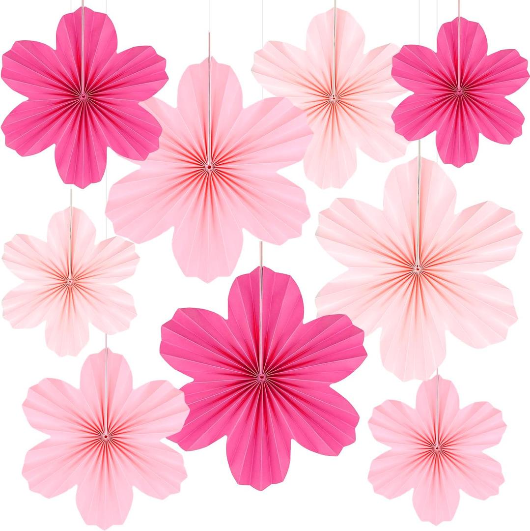 9 Pcs Pink Party Paper Flowers Decorations Hot Pink Paper Fans Hanging Ornaments Paper Floral Backdrop Decor Wedding Birthday Party Valentine's Day Engagement Baby Showers Decoration