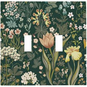 Light Switch Cover Vintage Floral Green Plant 2 Gang Wall Plate Double Light Switch Plate Botanical Flower Toggle Decorative Outlet Covers Electrical Switchplate for Bathroom Bedroom Decor (2-Gang Toggle / 5 x 4.9 IN)