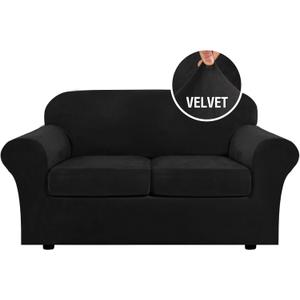 H.VERSAILTEX Real Velvet Plush 3 Piece Stretch Sofa Covers Couch Covers for 2 Cushion Couch Loveseat Covers Width Up to 72 Inch Feature Thick Soft Stay in Place (Medium Sofa, Black)
