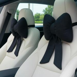 Macarrie 2 Pcs Car Neck Pillow Breathable Bow Headrest Pillow Comfortable Seat Neck Support Cute Bow Car Accessories for Driving Travel Driver Chair Winter Girl Style Interior Decor Gifts(Black)
