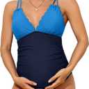 Charmo Scallop Trim Maternity Swimsuit One Piece V Neck Pregnancy Bathing Suit Ruched Swimwear Cutout Tie Back (Blue, M)